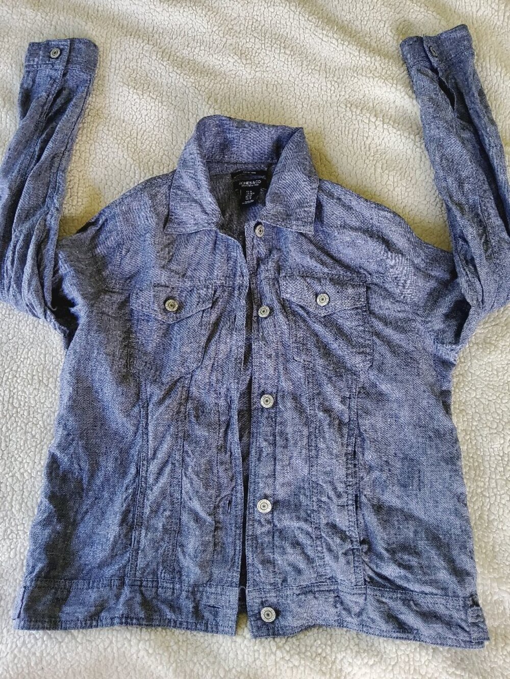 Jones & Co Medium Blue Linen Trucker Jacket Lightweight Denim Look Shacket